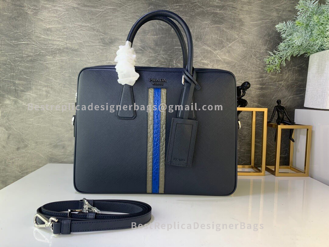 Prada Blue Saffiano Cuir Leather Bandoleer Briefcase With Crocodile Effect SHW 368
